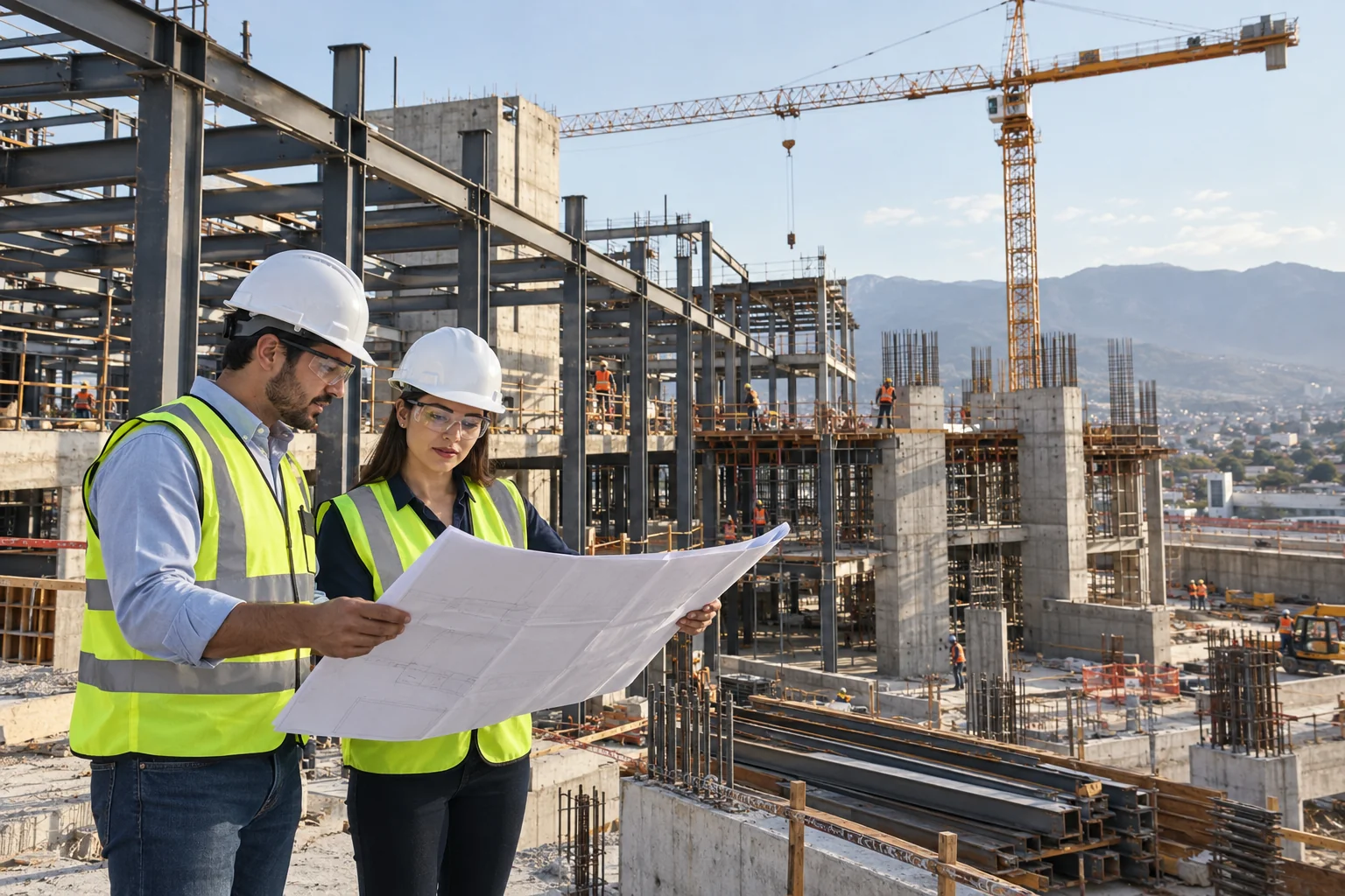 Ingenieros en una obra de infraestructura; escena ilustrativa.