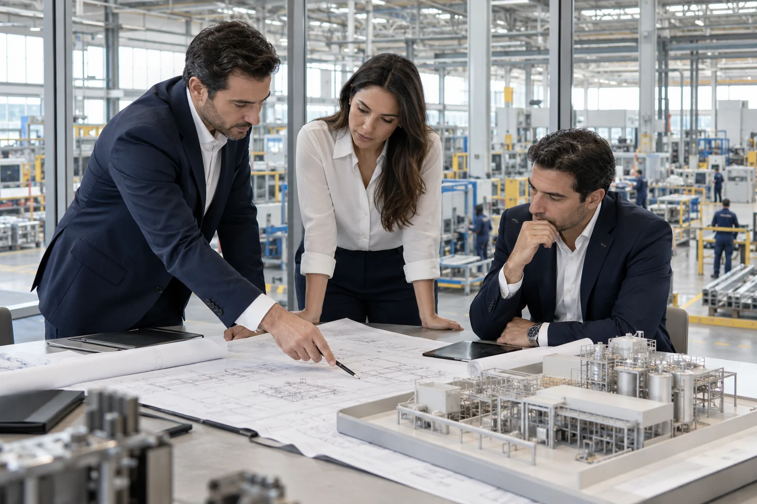 Reunión de estructuración empresarial junto a una planta industrial; escena ilustrativa.